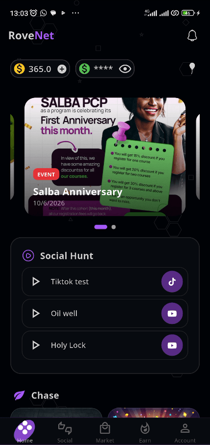 Rovenet home screen showing wallet balance and Social Hunt